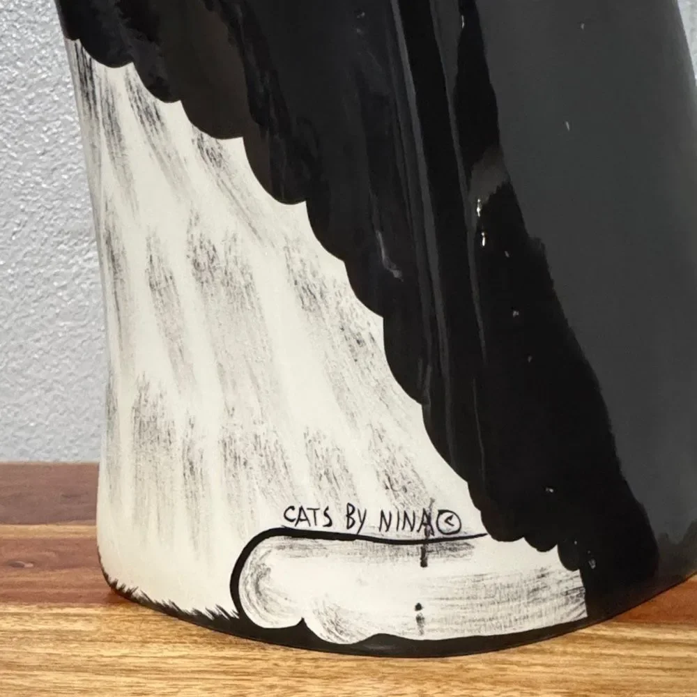 Ceramic Black White Tuxedo Cat Flower Vase by Cats By Nina Lyman Artist Decor